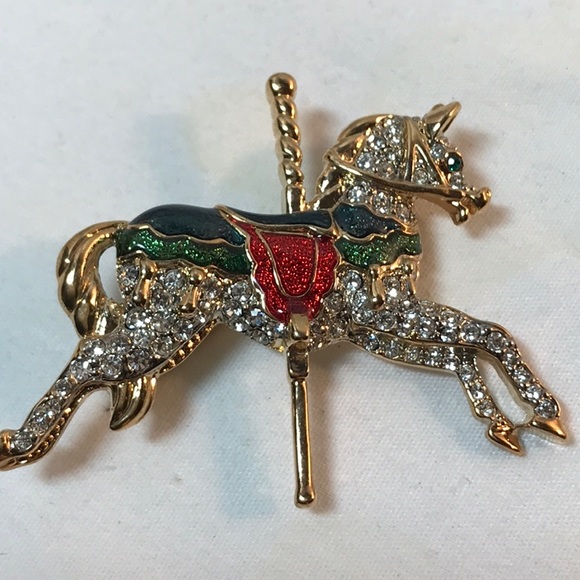 Carnival pony brooch, gold tone, 2 in length, green and red colors - Picture 3 of 9